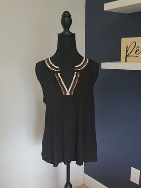 058 NWT Tank Top, Cream & Brown Crochet V-Neck Trim, S, 50% Cotton/50% Modal